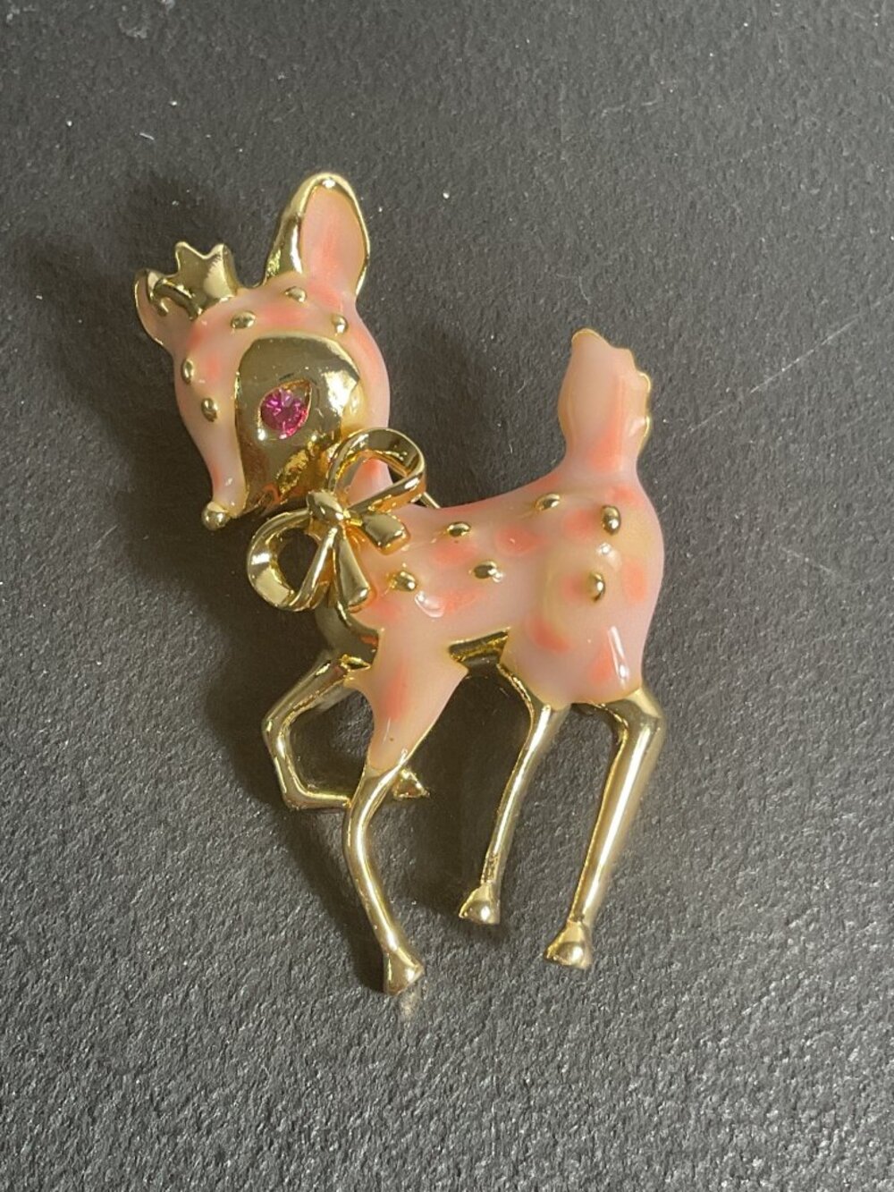 Vintage Kitsch Pink Enamel Deer Brooch Rhinestone Fawn Pin